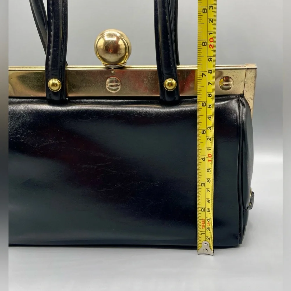 Vintage 1960s Faux Leather Handbag, Black, Ball Clasp, Framed, Art Deco